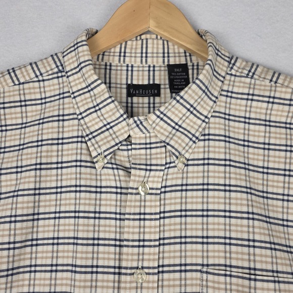 Van‎ Heusen Mens Short Sleeve Shirt 3XLT Brown Blue Plaid Pocket Cotton/Poly - Picture 2 of 16